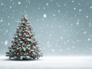 Obraz premium Snowy Christmas Tree in Winter Landscape with Festive Ornaments