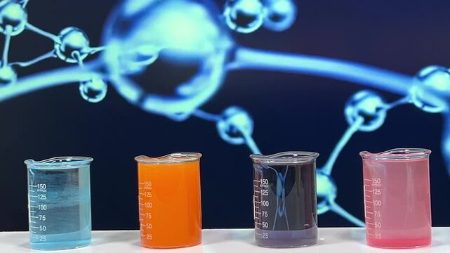 Four laboratory beakers filled with colorful liquids on white surface with molecular structure background in science research concept