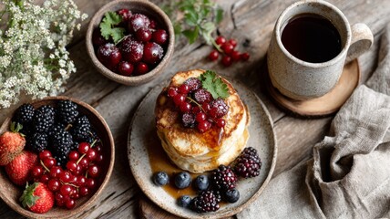 top-down view, rustic wooden table, brunch spread of pancakes, berries, maple syrup drips, ceramic mugs