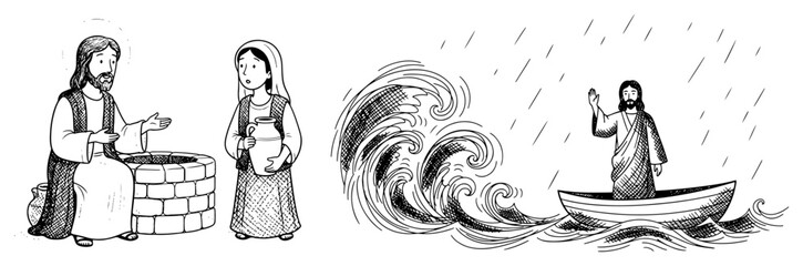 Biblical Scenes of Jesus with the Samaritan Woman and Calming the Storm