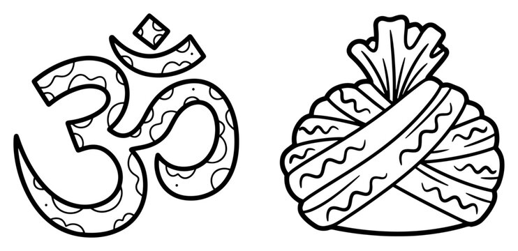 Hand drawn black and white line art of Hindu Om symbol and traditional Indian groom turban