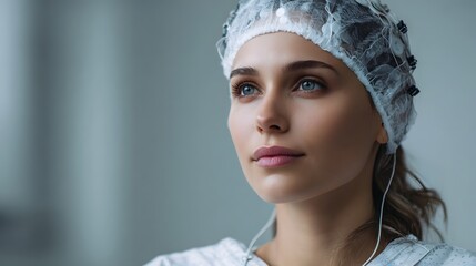 Young woman wearing a brain monitoring cap with electrodes looking up pensively