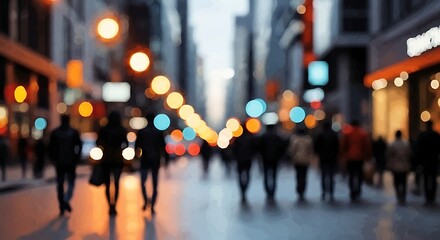 Obraz premium Blurred city street scene with pedestrians and bokeh lights at dusk or evening