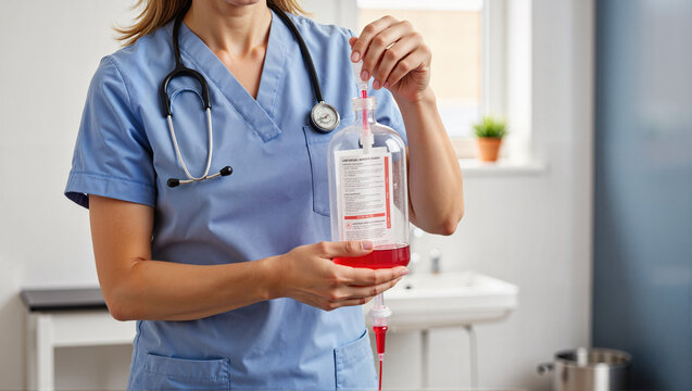 Nurse preparing blood donation sample in medical laboratory  