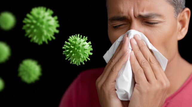 Male individual experiencing discomfort while blowing nose into tissue, surrounded by floating green virus particles, illustrating the impact of illness on health and well-being in a dramatic visual c - Powered by Adobe
