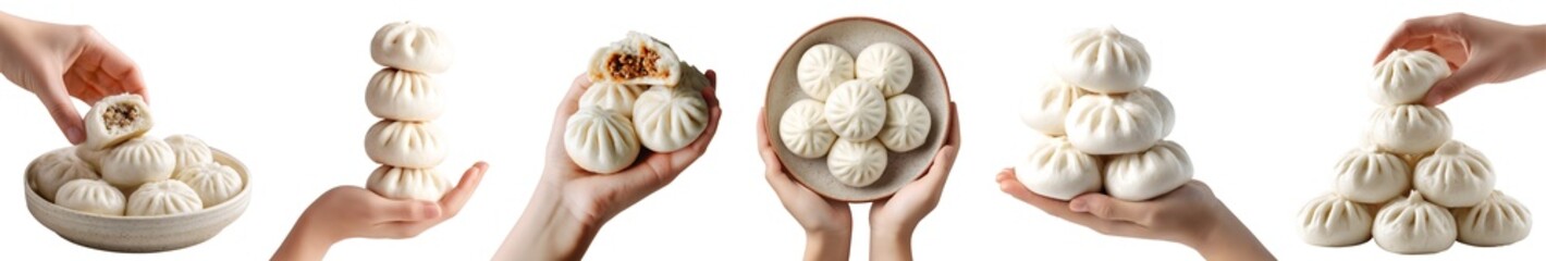 Set of hand holding Chinese stuffed steamed bun bao baozi Mantou, on ceramic plate, pile sliced stack bitten, isolated transparent cutout PNG. Many different style. Mockup for design	
