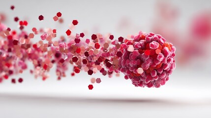 Abstract representation of a vibrant red cell surrounded by floating hexagonal particles in shades of pink and red, illustrating the concept of cellular activity and biological processes in a dynamic