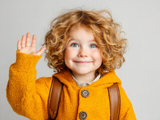 Smiling curly haired child in yellow coat waving hand, symbolizing happiness, innocence, childhood, friendship, and cheerful positive emotion. 
