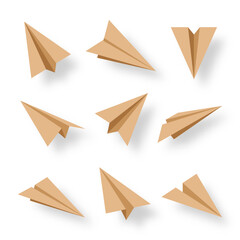 Fototapeta premium Realistic handmade paper planes collection on transparent background. Origami aircraft in flat style. Vector illustration.