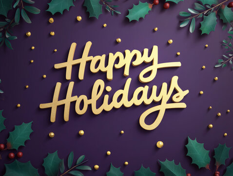 Happy Holidays Festive Gold Text with Holly Decor on Purple - Powered by Adobe