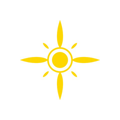 A simple, bold graphic depicting a vibrant yellow sun icon with radiating rays on a black background.