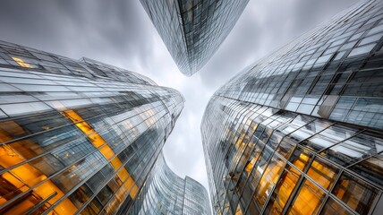 worm’s-eye view of towering skyscrapers converging toward the sky
