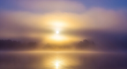 Sunrise over a misty lake, with the sun's reflection visible in the calm water and fog obscuring the horizon.