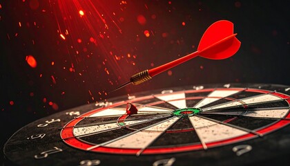 Red dart hitting bullseye on dartboard with glowing red particles and dark background, symbolizing precision and goal achievement.