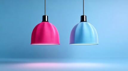 Colorful pendant lamps in pink and blue hanging against a soft gradient background, creating a vibrant atmosphere, perfect for modern interior design and stylish home decor inspiration