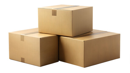 Three stacked cardboard boxes, isolated on transparent background, representing shipping, delivery, or storage