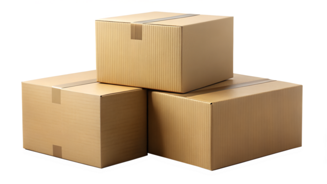 Three stacked cardboard boxes, isolated on transparent background, representing shipping, delivery, or storage