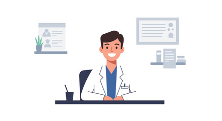 Fototapeta premium Friendly doctor ready to consult in modern office, a professional health expert offering guidance and care, perfect for medical websites and patient resources
