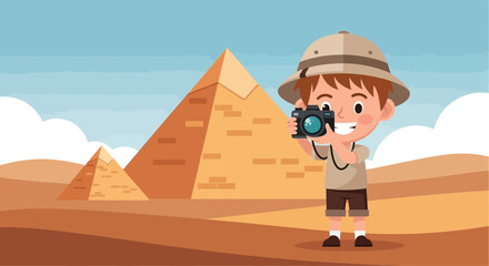 A Cheerful Explorer Capturing Ancient Wonders with a Camera in a Desert Landscape Adventure Scene