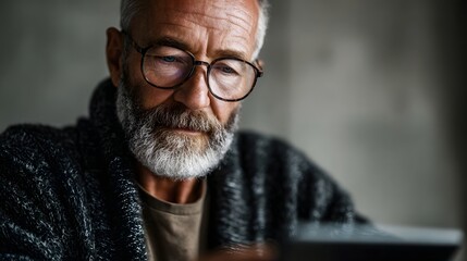 Elderly man with glasses and beard intensely focused on a tablet screen suggesting digital engagement or learning