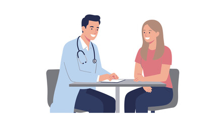 Friendly doctor consults with patient, discussing health with care and professionalism, promoting well-being and trust in a modern clinic setting