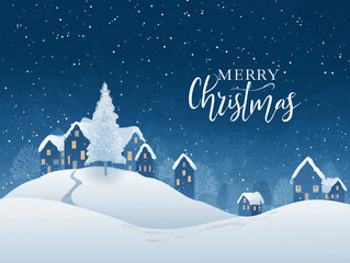 Naklejka premium Merry Christmas Winter Village Snowfall Greeting Card