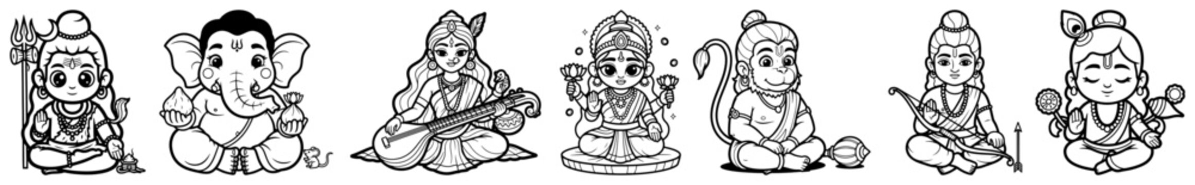 Set of Cute Hindu Gods for Coloring Pages