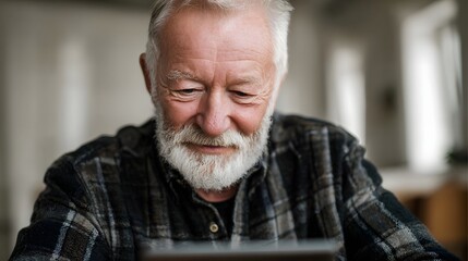 Elderly man with white beard and plaid shirt intently uses a tablet device showing concent n