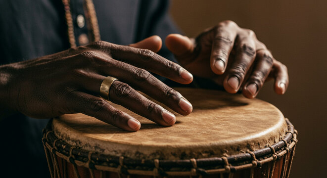Close-up of hands playing a traditional drum with worn rings.