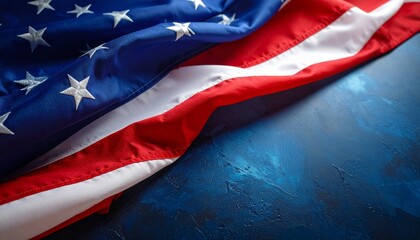Partially folded U.S. flag with red and white stripes and blue field of white stars on solid blue background, symbolizing patriotism and national identity.