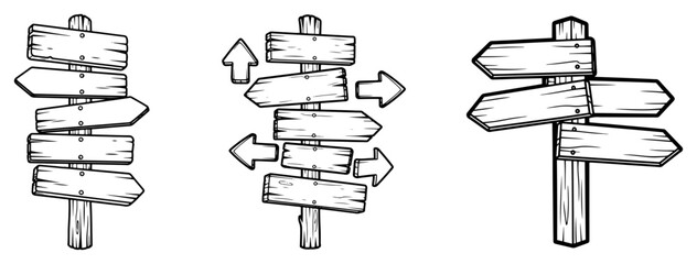 Set of Hand Drawn Wooden Signposts with Arrows © Tomas