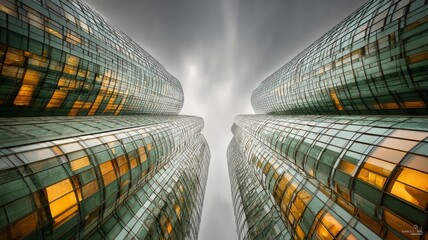 worm’s-eye view of towering skyscrapers converging toward the sky