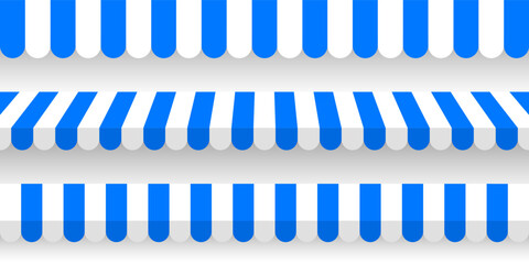 Shop sunshade. Realistic striped cafe awning. Outdoor market tent. Roof canopy. Summer street store. Vector illustration