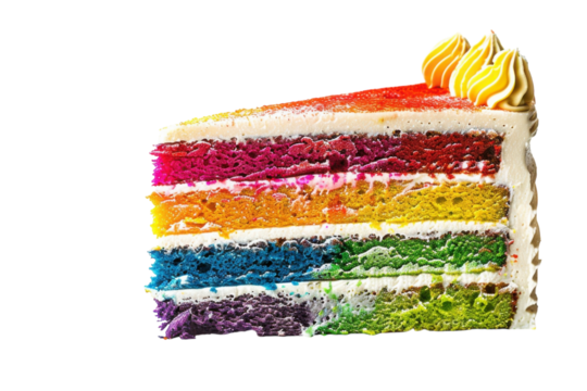 A vibrant slice of rainbow cake showcasing a colorful array of layers with creamy frosting on top, perfect for a festive celebration isolated on transparent background