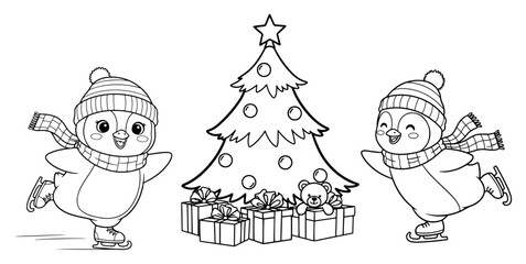 Cute Penguins Ice Skating for a Christmas Celebration
