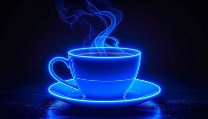 Neon blue outline of steaming cup and saucer on dark background—stylized digital rendering with glowing lines and futuristic aesthetic.