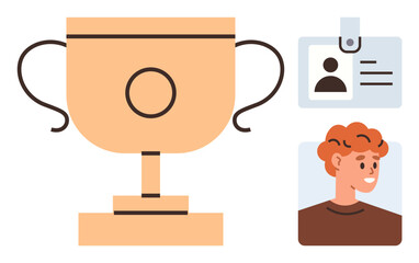 Golden trophy beside employee ID badge and smiling portrait characterizes reward, success, and celebration. Ideal for workplace appreciation, career growth, motivation, human resource, goals, team