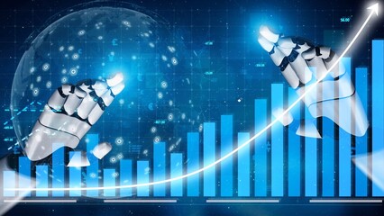 Graphic depiction of robotic hands symbolizing financial growth, featuring a digital chart, data points, and a globe, representing innovative technology in business. Copula