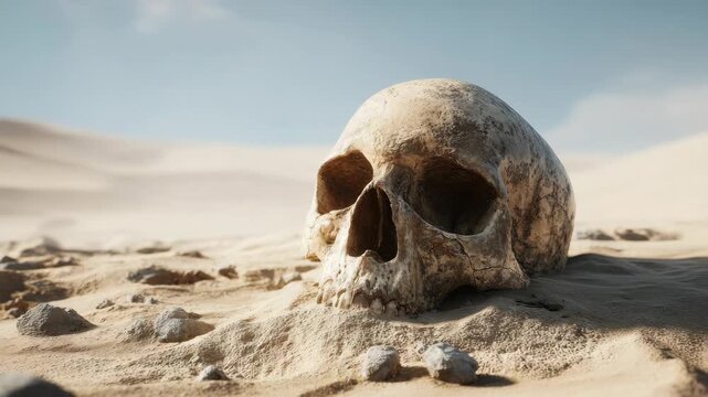 A human skull lies half-buried in dry desert sand with small rocks, under a clear blue sky, depicting death, decay, and desolation