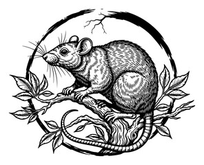 Vintage Engraved Rat Illustration on a Branch