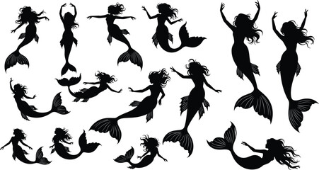 Mermaid silhouettes, fantasy sea creatures, mythical ocean design, underwater illustration, aquatic beauty, swimming mermaids, decorative art, marine mythology, mystical tails, vector style