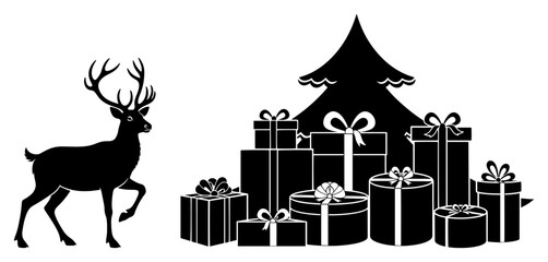 Christmas Silhouette with a Reindeer Tree and Gifts