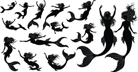Mermaid silhouettes, fantasy sea creatures, mythical underwater design, ocean illustration, aquatic beauty, swimming mermaids, decorative art, marine mythology, mystical tails, vector artwork