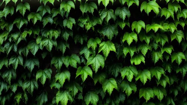 Dense green ivy leaves layered on a dark background, natural photography style, symbolizing growth and nature in a vibrant organic pattern