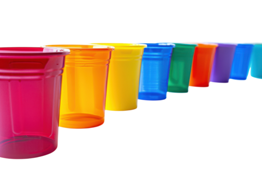 A vibrant array of colorful plastic cups lined up thoughtfully on a white surface capturing the joy of everyday moments isolated on transparent background
