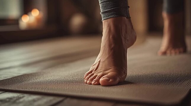Yoga Foot on Mat: A bare foot presses gently into a textured yoga mat, subtle weight shift and toe curl