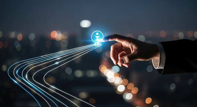 Business Innovation: Hand Touching Digital Human Icon with Futuristic Data Streams on Cityscape Background. Concept for AI, Tech, and Future.