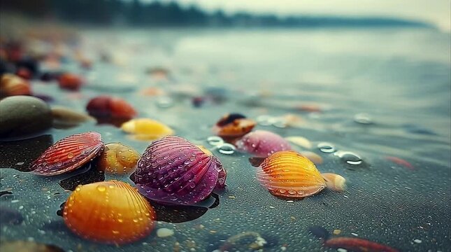Colorful Shells on Wet Shore: Wet seashells glisten under soft daylight as gentle waves recede