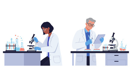 Scientists diligently conduct research with microscopes and tablets, advancing medical breakthroughs and scientific discovery in a modern laboratory setting.