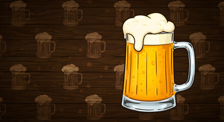 Beer mug with foam on wooden background in cartoon style  